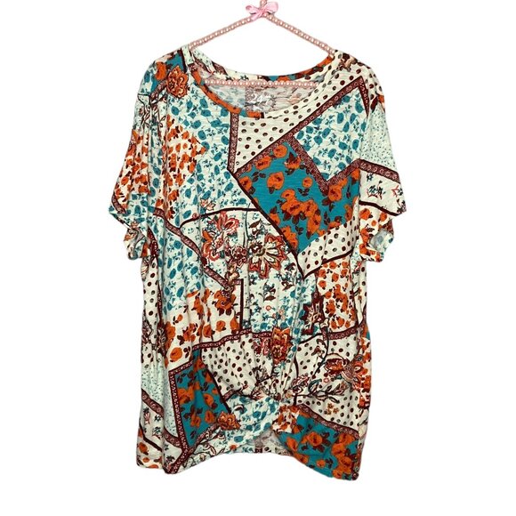 Maurices 24/7 Plus Size 2X Cream Orange Patchwork Austin Knot Hem Tee T-Shirt - Picture 3 of 6